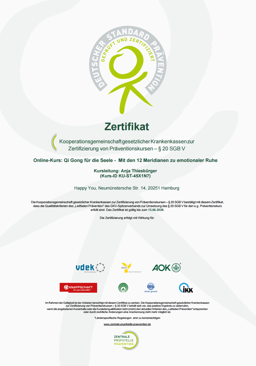 Zertifikat Präventionskurs Qi Gong mit den 12 Meridianen nach § 20 SGB V